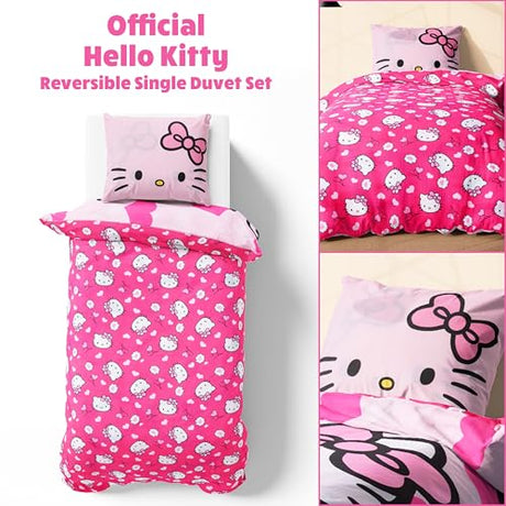 Hello Kitty Sanrio Duvet Cover and Pillowcase Set for Girls, Teens, Reversible Bedding 53 x 79” Bedroom Decor, Kawaii Gifts for Girls (Pink Hello Kitty, Single) Hello Kitty