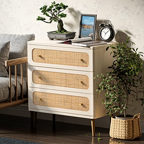 LONYKE Wicker Rattan Chest of Drawers, 3-Drawer Dresser, White Finish Wooden Storage Cabinet, Modern Farmhouse Accent Table, Boho Mid-Century Coastal Sideboard LONYKE
