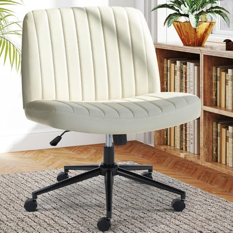 Sweetcrispy Criss Cross Chair Legged with Wheels, Armless Office Swivel Desk Chair with Wheels, Vanity Height Adjustable Wide Seat Faux Leather Computer Task Seating for Home Bedroom Sweetcrispy