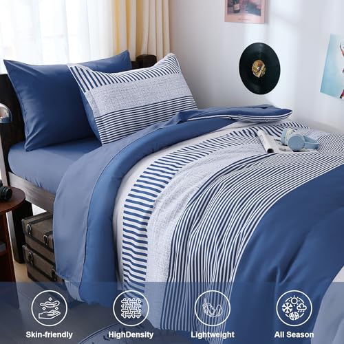 Cottolester Twin Size Comforter Navy Blue Striped Comforters for Boys&Girls,7 Pieces Bed in A Bag Simple Neutral-Style Bedding Sets for Kids Teen Cottolester