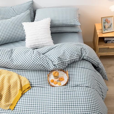 mixinni Blue Gingham Comforter Set King, Plaid Comforter Set 3 Pieces 1 Blue Grid Comfoter with 2 Pillow Cases for All Seasons, Soft Fluffy Modern Grid Pattern Printed Bedding-King Size mixinni