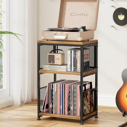 Simple Trending Record Player Stand, Turntable Stand with Vinyl Record Storage, 3 Tiers Side Table Hold Up to 100 Albums, Rustic Brown Simple Trending