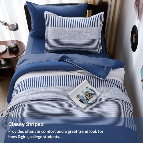 Cottolester Twin Size Comforter Navy Blue Striped Comforters for Boys&Girls,7 Pieces Bed in A Bag Simple Neutral-Style Bedding Sets for Kids Teen Cottolester