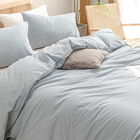 BESTOUCH Duvet Cover Set 100% Washed Cotton Linen Feel Super Soft Comfortable Chic Lightweight 3 PCs Home Bedding Set Cornflower Blue Queen BESTOUCH