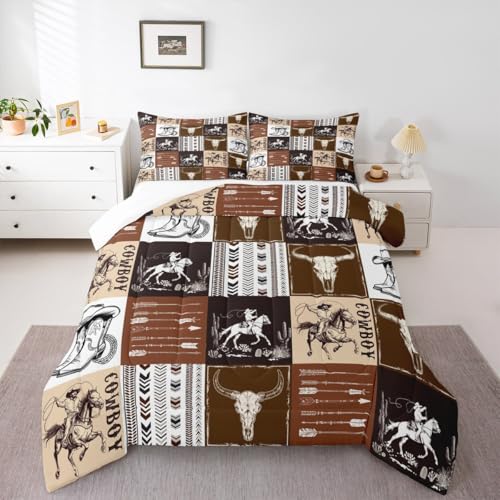 Cowboy Comforter Set Twin Size,Southwestern Aztec Country Horse Bedding Set 2pcs,Rustic Ranch Retro Animal Down Comforter,Brown Patchwork Farmhouse Bed Set for Kids Boys Teens,1 Pillowcase,No Sheets Manfei