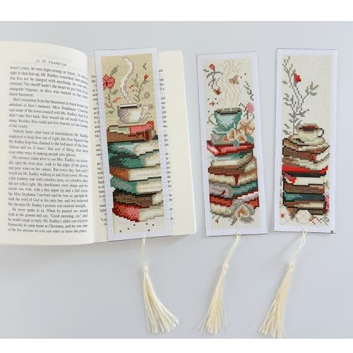 VIGEGU 5 Pack Cross Stitch Kits for Beginners,Coffee Stamped Cross Stitch Kits Bookmarks for Women,11ct Cross Stitch Embroidery Kit for Beginners Crafts for Adults