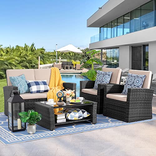 Shintenchi 4-Piece Outdoor Patio Furniture Set, Wicker Rattan Sectional Sofa Couch with Glass Coffee Table | Black - WoodArtSupply