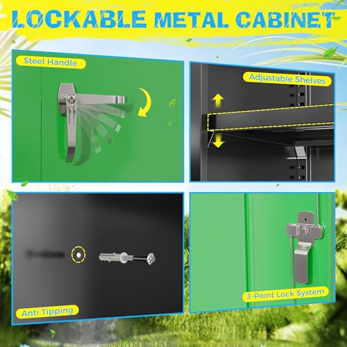 Pataku Metal Storage Cabinet, 72" Garage Cabinet with Doors and Shelves Lockable Steel Multifunctional Cabinets, File Cabinets for Home, Office, Warehouse(Black Green) Pataku
