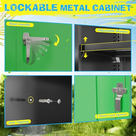 Pataku Metal Storage Cabinet, 72" Garage Cabinet with Doors and Shelves Lockable Steel Multifunctional Cabinets, File Cabinets for Home, Office, Warehouse(Black Green) Pataku