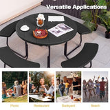 Tangkula 8 Person Picnic Table, Outdoor Round Picnic Table with 4 Built-in Benches, Umbrella Hole, Metal Frame & HDPE Tabletop, Outside Table and Bench Set for Backyard, 2300lbs Weight Capacity Tangkula