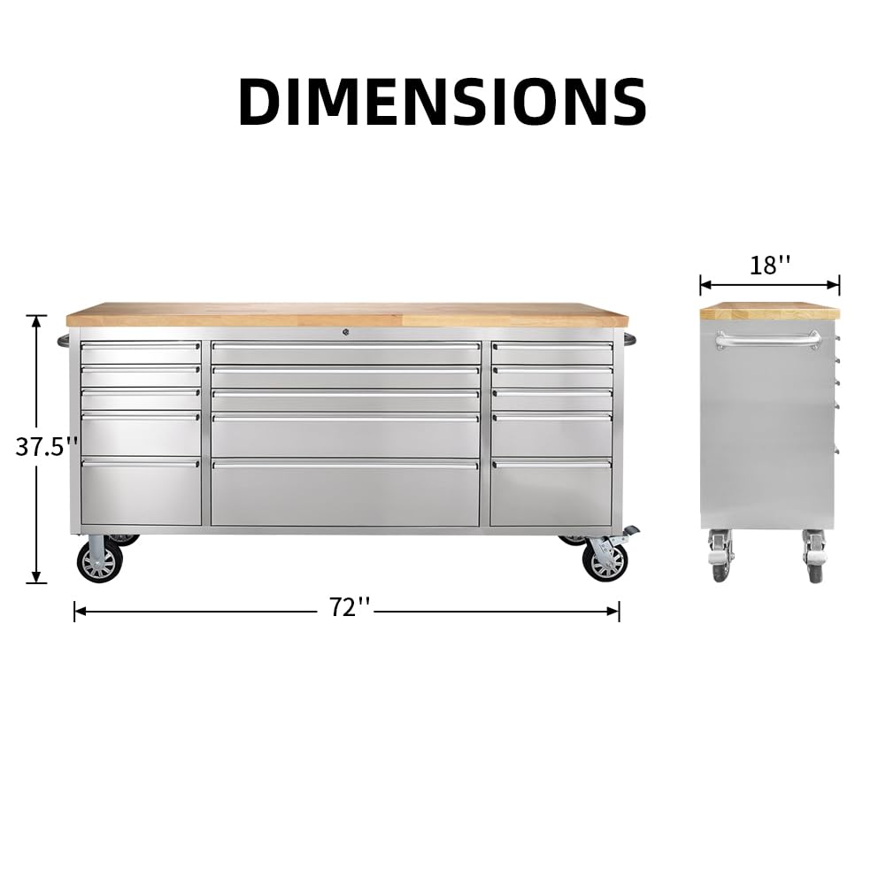 FH FOHOME 72-inch Stainless Steel Rolling Tool Chest with 15 Drawers, Lockable Mobile Storage Cabinet for Garage, Workshop, and Home - WoodArtSupply