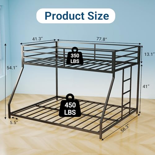 Rovibek Metal Bunk Bed Twin Over Full - Low Bunk Beds with Ladder and Guardrail, Heavy Duty Bunk Beds for Adults & Teens, No Box Spring Needed, Black Rovibek