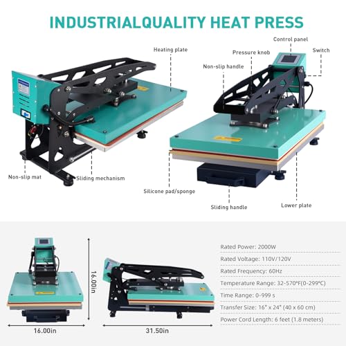 16x24 Semi-auto Heat Press Machine with Positioning, 2kw, Slide-Out, Heat Transfer Press DTF, Vinyl. Family or Small Business (Green, 16x24 Semi-auto) Eonvest