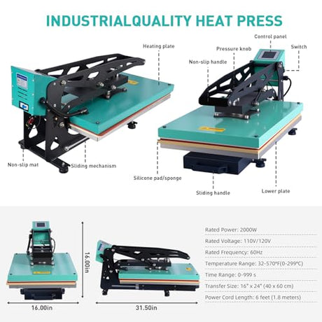 16x24 Semi-auto Heat Press Machine with Positioning, 2kw, Slide-Out, Heat Transfer Press DTF, Vinyl. Family or Small Business (Green, 16x24 Semi-auto) Eonvest