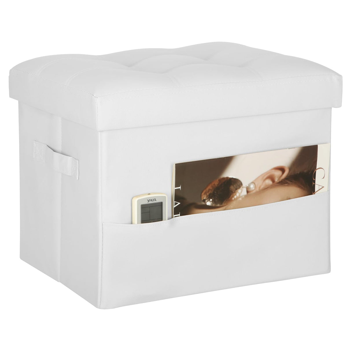 BelugaHelper Ottoman with Storage. Leather Foldable Ottomans with Thick Foam Padded Seat. Foot Rest Stool Storage for Living Room and Bedroom. Side Pockets and Handles Designed. 17x13x13in, White BelugaHelper