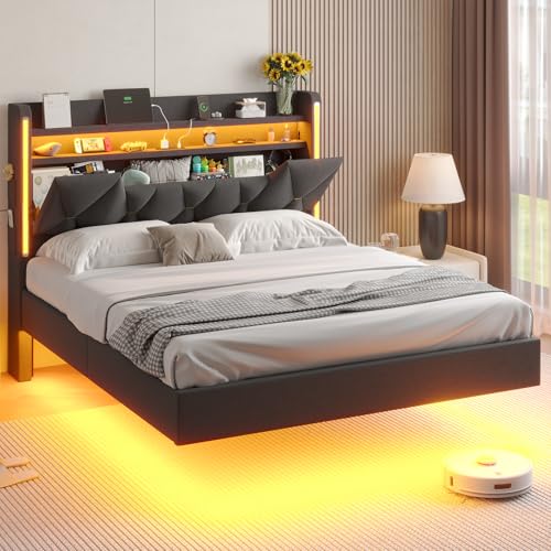 Queen Bed Frame with Headboard,Bed Frame Queen Size with LED Lights & Charging Station,Floating Queen Bed Frame with Storage Openable Marshmallow Headboard,No Box Spring Needed,Noise-Free,Dark Gray BYSAUD