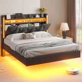 Queen Bed Frame with Headboard,Bed Frame Queen Size with LED Lights & Charging Station,Floating Queen Bed Frame with Storage Openable Marshmallow Headboard,No Box Spring Needed,Noise-Free,Dark Gray BYSAUD