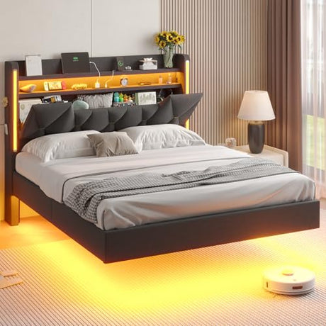 Queen Bed Frame with Headboard,Bed Frame Queen Size with LED Lights & Charging Station,Floating Queen Bed Frame with Storage Openable Marshmallow Headboard,No Box Spring Needed,Noise-Free,Dark Gray BYSAUD