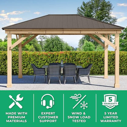 Yardistry 12' x 16' Meridian Cedar Wood Gazebo Pavilion for Patios, Decks, Garden, Backyard, Durable, Aluminum Roof - WoodArtSupply