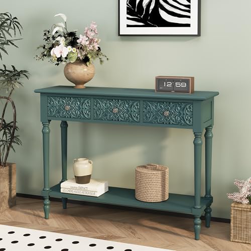 3More Entryway Console Table with 3 Drawers,42" Carved Hallway Table with Open Shelf,Long Sofa Table for Living Room, Hallway, Behind Couch,Green 3More