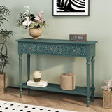 3More Entryway Console Table with 3 Drawers,42" Carved Hallway Table with Open Shelf,Long Sofa Table for Living Room, Hallway, Behind Couch,Green 3More