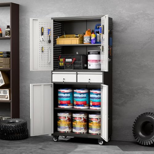 Aobabo 71" H 2 Drawer Metal Storage Cabinet with Wheels and 4 Pegboards,Lockable Steel Garage Storage Cabinet with 2 Adjustable Shelves,Black Sliver,Assembly Required Aobabo