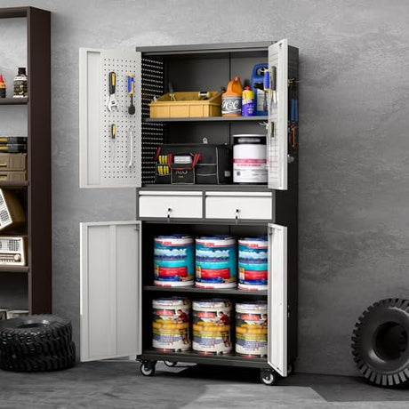 Aobabo 71" H 2 Drawer Metal Storage Cabinet with Wheels and 4 Pegboards,Lockable Steel Garage Storage Cabinet with 2 Adjustable Shelves,Black Sliver,Assembly Required Aobabo