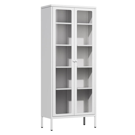 Crownland Modern Metal Display Cabinet with 4 Adjustable Shelves, White Glass Doors, 5 Tiers, Home Office, Living Room Crownland