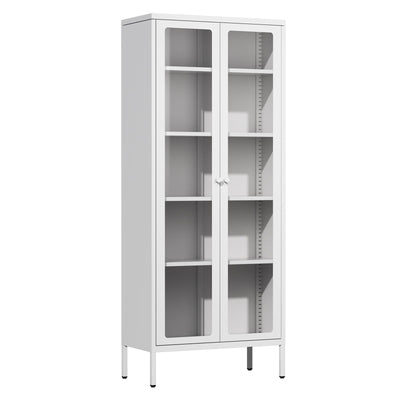 Crownland Modern Metal Display Cabinet with 4 Adjustable Shelves, White Glass Doors, 5 Tiers, Home Office, Living Room