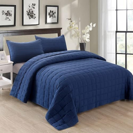 EMME Quilts Twin Size Bedding Sets Navy Blue Bedspread, Lightweight Soft Pre-Washed Quilt Comforter, 2 Piece, Cozy Reversible Coverlet with Pillow Sham for All Season (Square Pattern,66"x90") EMME