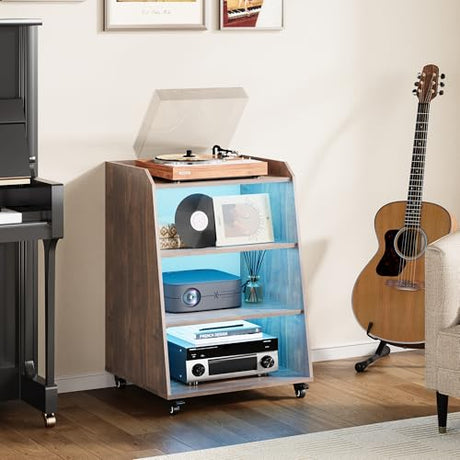 Rresyet 22.1" Record Player Stand with Charging Station & LED Lights,4-Tier Vinyl Record Storage with Wheel & Open Divided Shelves, Record Cabinet for Music Room, Living Room Rresyet