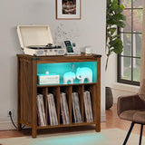 Joaxswe Large Record Player Stand with Charging Station & LED Lights, Brown Vinyl Record Storage Holder Holds up to 230 Albums, Turntable Stand with Display Shelf for Music Room Bedroom Living Room. Joaxswe