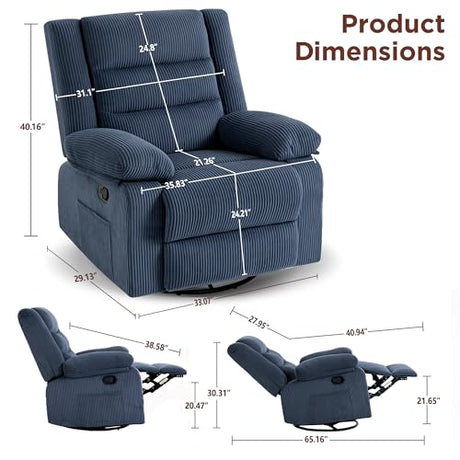 360° Swivel Rocker Recliner Chair for Adults, Nursery Manual Reclining Chair with Arms and Back, Upholstered Glider Rocking with Side Pockets for Living Room, Bedroom Nursing use, Corduroy, Blue FiveWillowise