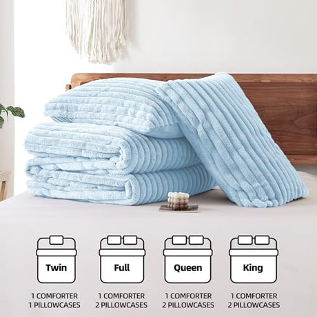 Smoofy Fluffy Full Size Comforter Sets 3 Pieces - Light Blue Fleece Fluffy Comforter Set, Luxury Fuzzy Full Bed Set, Soft Comforter Full Size All Season, Heavy Faux Fur Comforter with 2 Pillow Cases Smoofy