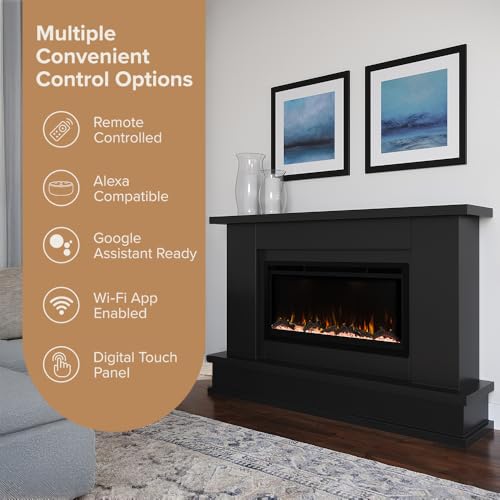 Modern Ember Patton Black Mantel Package 64" W x 42" H with 42 Inch Electric Fireplace - 5 Flame Colors, 10 Ember Bed Colors, Log Kit & Crystal Embers | Alexa/WiFi Enabled Modern Ember