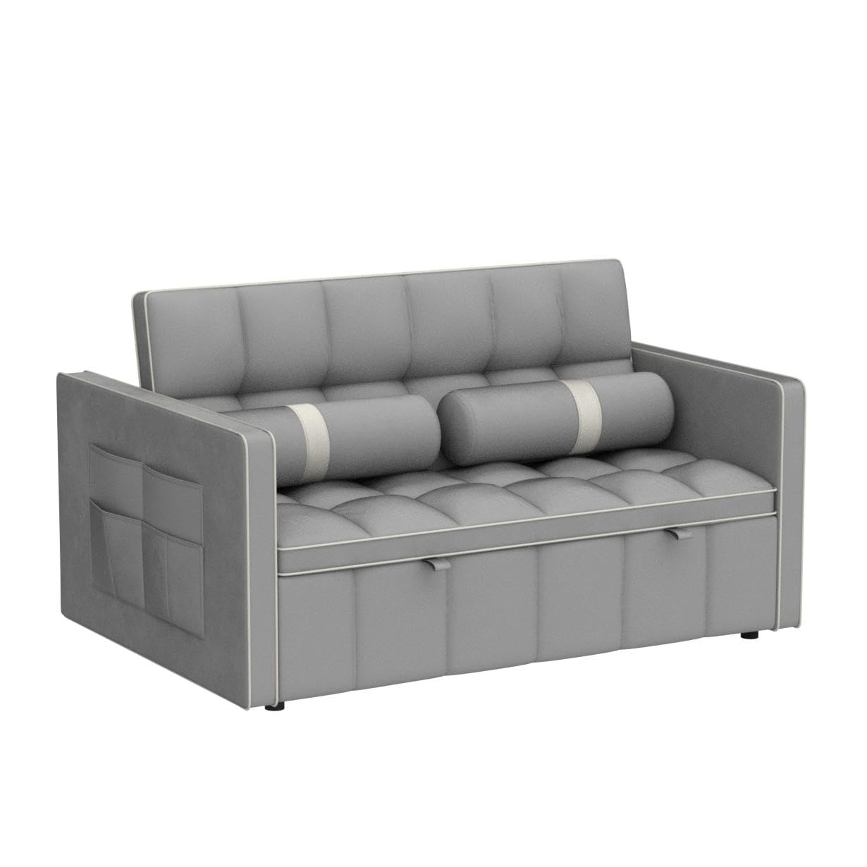 3 in 1 Sleeper Sofa Couch Bed, Small Tufted Velvet Convertible Loveseat Futon Sofa w/Pullout Bed, Adjustable Backrest, Cylinder Pillows for Living Room Apartment, Easy to Assemble, Grey, 55.5"