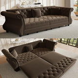 LuxyHoom 97.6'' Sleeper Sofa Bed King Size, Flower Tufted Pull Out Couch, Velvet Chesterfield Futon Couches, Modern 4 Seater Convertible Sofa, 3 Pillows for Living Room, Apartment, Offices, Brown LuxyHoom