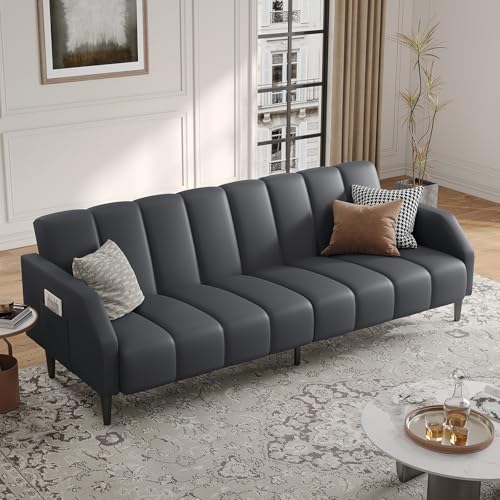 Fadware Faux Leather Couch, Convertible Futon Sofa Bed with Adjustable Backrest, Mid Century Leather Sofa Loveseat with Side Pockets& Metal Leg, Modern Leather Sleeper Sofa for Living Room Bedroom Fadware