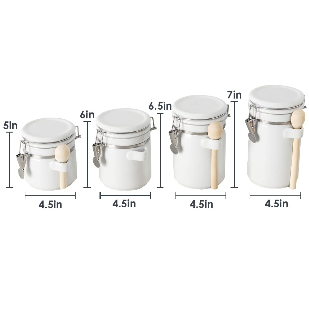 Canister Sets For The Kitchen (4 Piece Set) White, High Gloss Ceramic | By Home Basics | Decorative| With Wooden Spoons, Countertop Set For Flour, Sugar, Coffee, and Snacks Home Basics