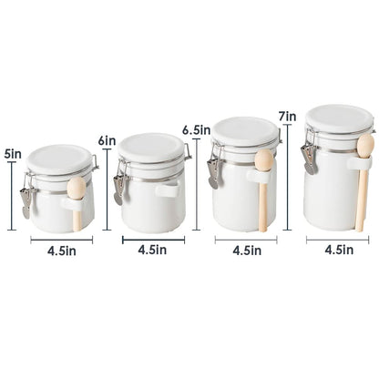 Canister Sets For The Kitchen (4 Piece Set) White, High Gloss Ceramic | By Home Basics | Decorative| With Wooden Spoons, Countertop Set For Flour, Sugar, Coffee, and Snacks