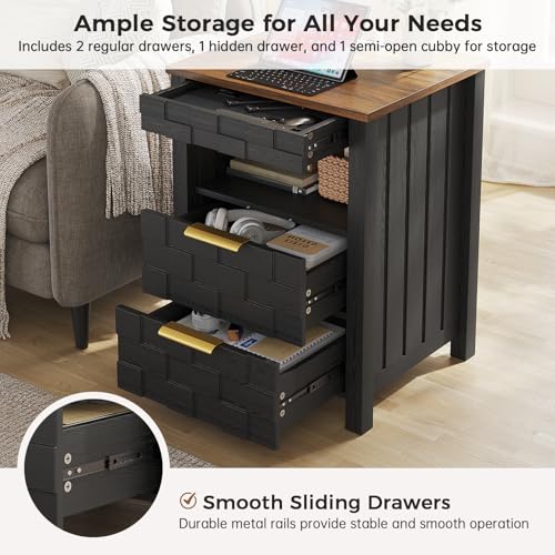 Dystler Nightstand with Gun Drawer - Bedside Table with Charging Station and 2 Drawers, Smart Side Table with 3-Color Human Sensor LED Lights for Bedroom, Black Dystler