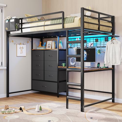 DICTAC Twin Loft Bed with L-Shaped Desk and 7 Storage Drawers,Metal Twin Size Loft Bed for Kids with LED Lights and Charging Station,13.11" H Safety Guardrail and Ladder,No Box Spring Needed, Black DICTAC