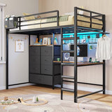 DICTAC Twin Loft Bed with L-Shaped Desk and 7 Storage Drawers,Metal Twin Size Loft Bed for Kids with LED Lights and Charging Station,13.11" H Safety Guardrail and Ladder,No Box Spring Needed, Black DICTAC