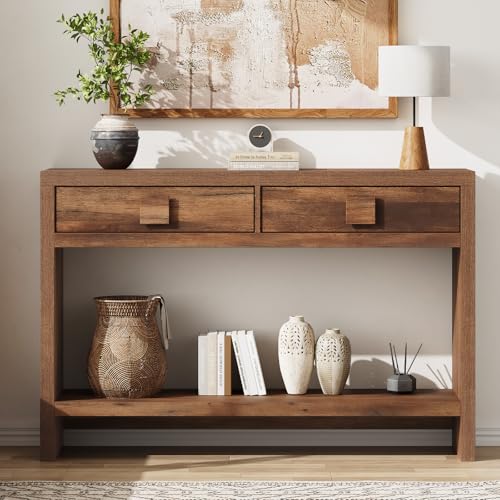 ONBRILL Console Table with Drawers, 47 Inch Narrow Entryway Table with Open Storage Shelves, Mid Century Modern Hallway Accent Tables Behind Couch Table for Living Room (Vintage Brown) ONBRILL