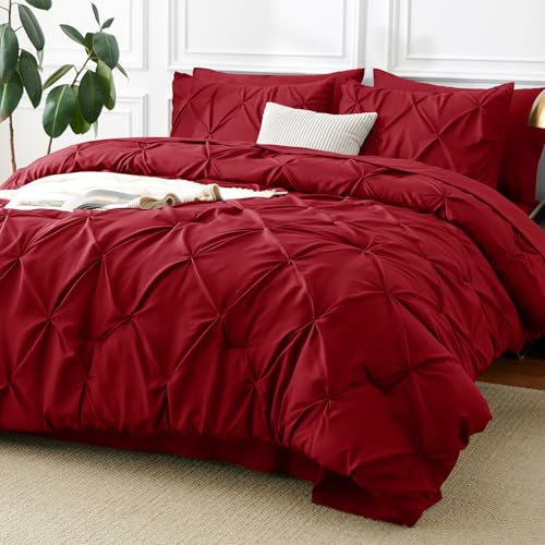 CozyLux King Size Comforter Set Dark Red, 7 Pieces Pintuck Bed in A Bag Red Comforter King Size, Pinch Pleat Bedding Set with All Season Comforter, Sheets, Pillowcases & Shams CozyLux