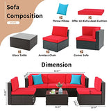 Shintenchi 6 Pieces Patio Furniture Sets Outdoor All-Weather Sectional Patio Sofa Set PE Rattan Manual Weaving Wicker Patio Conversation Set with Glass Table&Ottoman Cushion and Red Pillows, Red Shintenchi