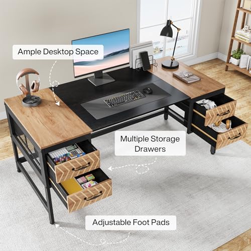 Tribesigns Computer Executive Desk with Drawers: 63" Computer Desk with 4 Storage Drawers, Wood Farmhouse Study Writing Table, Herringbone Business Furniture for Home Office - WoodArtSupply