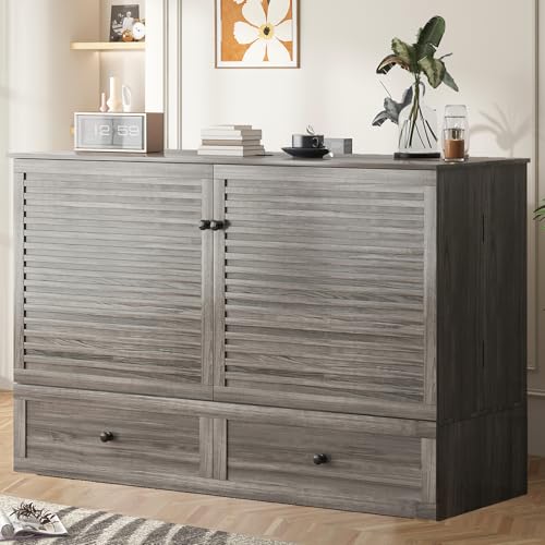 Mjkone Queen Murphy Bed Cabinet with Folding Mattress, Chest Cabinets Wall Beds with Storage Drawer and Built in Sockets & USB Ports, Sleeping Arrangement for Multipurpose Guest Room Home Office, Grey Mjkone