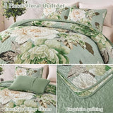 WONGS BEDDING Sage Green Floral Quilt Set King, 3 Pieces Elegant Flower Bedspread Coverlet for All Season Reversible Soft Microfiber Lightweight Quilt Bedding Set with 2 Pillow Shams 104"X90" WONGS BEDDING