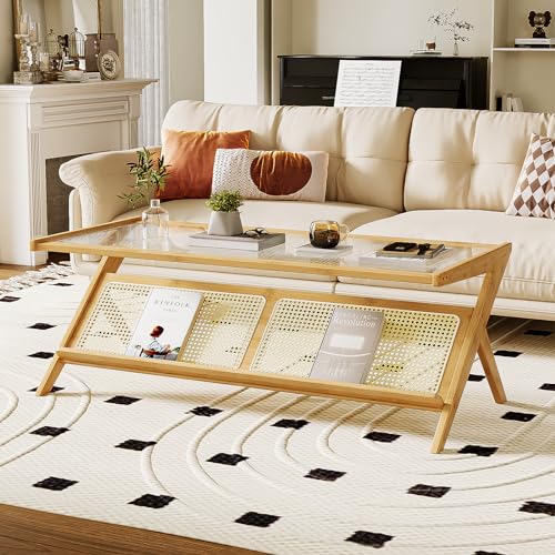 Bamworld Rattan Coffee Table Mid-Century Modern Coffee Table BambooTable with Glass Top for Living Room Office Bamworld